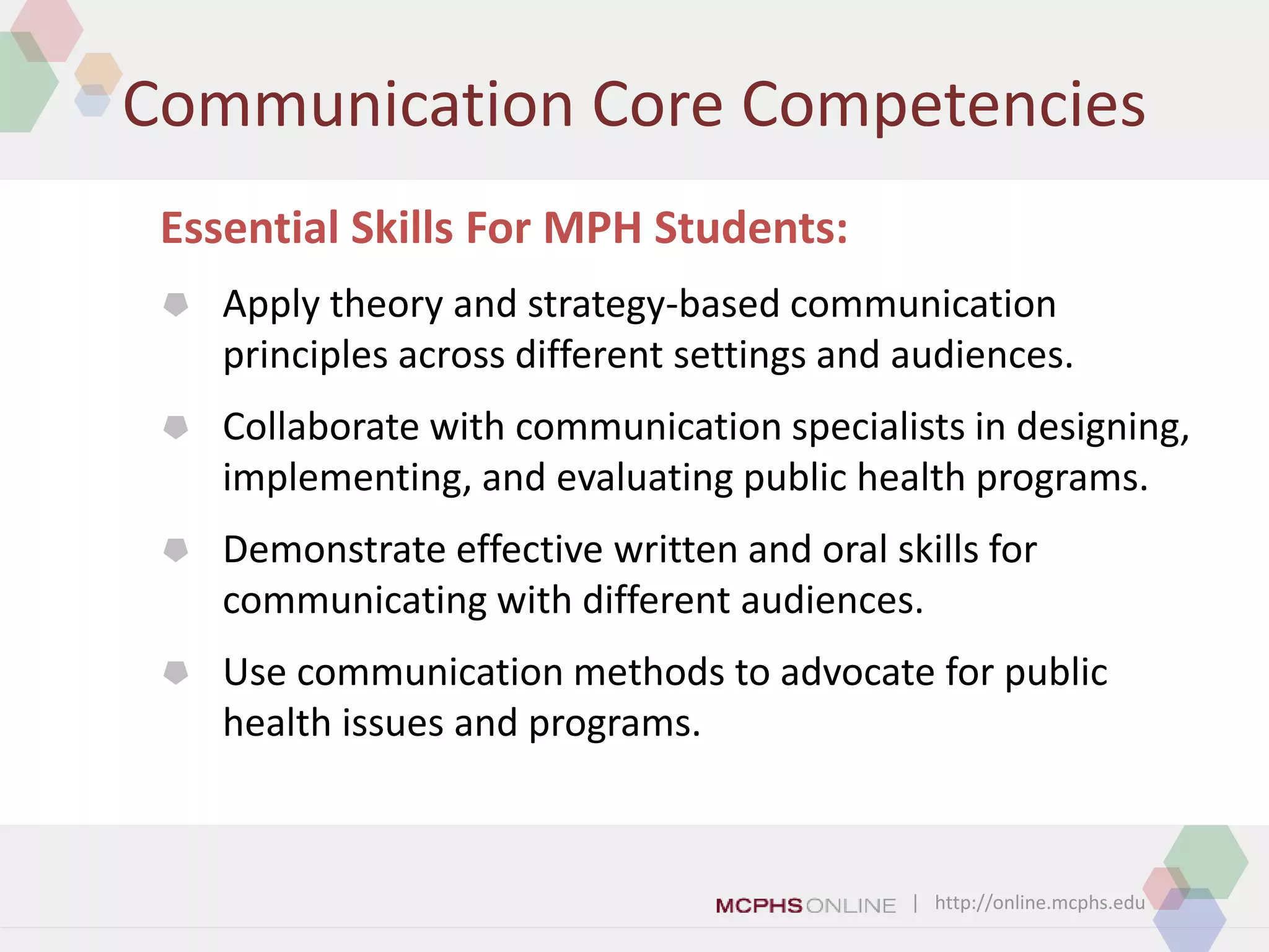 | http://online.mcphs.edu
Communication Core Competencies
Essential Skills For MPH Students:
 Apply theory and strategy-based communication
principles across different settings and audiences.
 Collaborate with communication specialists in designing,
implementing, and evaluating public health programs.
 Demonstrate effective written and oral skills for
communicating with different audiences.
 Use communication methods to advocate for public
health issues and programs.
 
