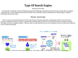 Type Of Search Engine
                                                             Robot-driven Search Engine

  The robot that is called the crawler and Spider goes round the WEB page in the Internet and collects data, and the data accumulates
in the data base. A lot of information that exists in WWW can be efficiently collected. Information of collected pages is analyzed
beforehand, and made the index.

                                                          Directory Search Engine

    This is a server and a system that retrieves in the web directory manually constructed. A high-quality Web site can be retrieved
 because it manually constructs it. There is a feature that it searches easily from the list of the retrieval result for a target site because
the outline of the site is manually filled in. However, there is a fault that there are not a lot of numbers of sites to be retrieved to input the
site to be retrieved manually.




             Figure 1. Robot-driven Search Engine and Directory Search Engine Figure 2. The Mechanism of Robot-driven Search Engine
 