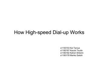How High-speed Dial-up Works

                  s1150153 Kei Taniue
                  s1180187 Kazuki Tsuda
                  s1180182 Kahori Shitomi
                  s1180178 Mariko Saitoh
 