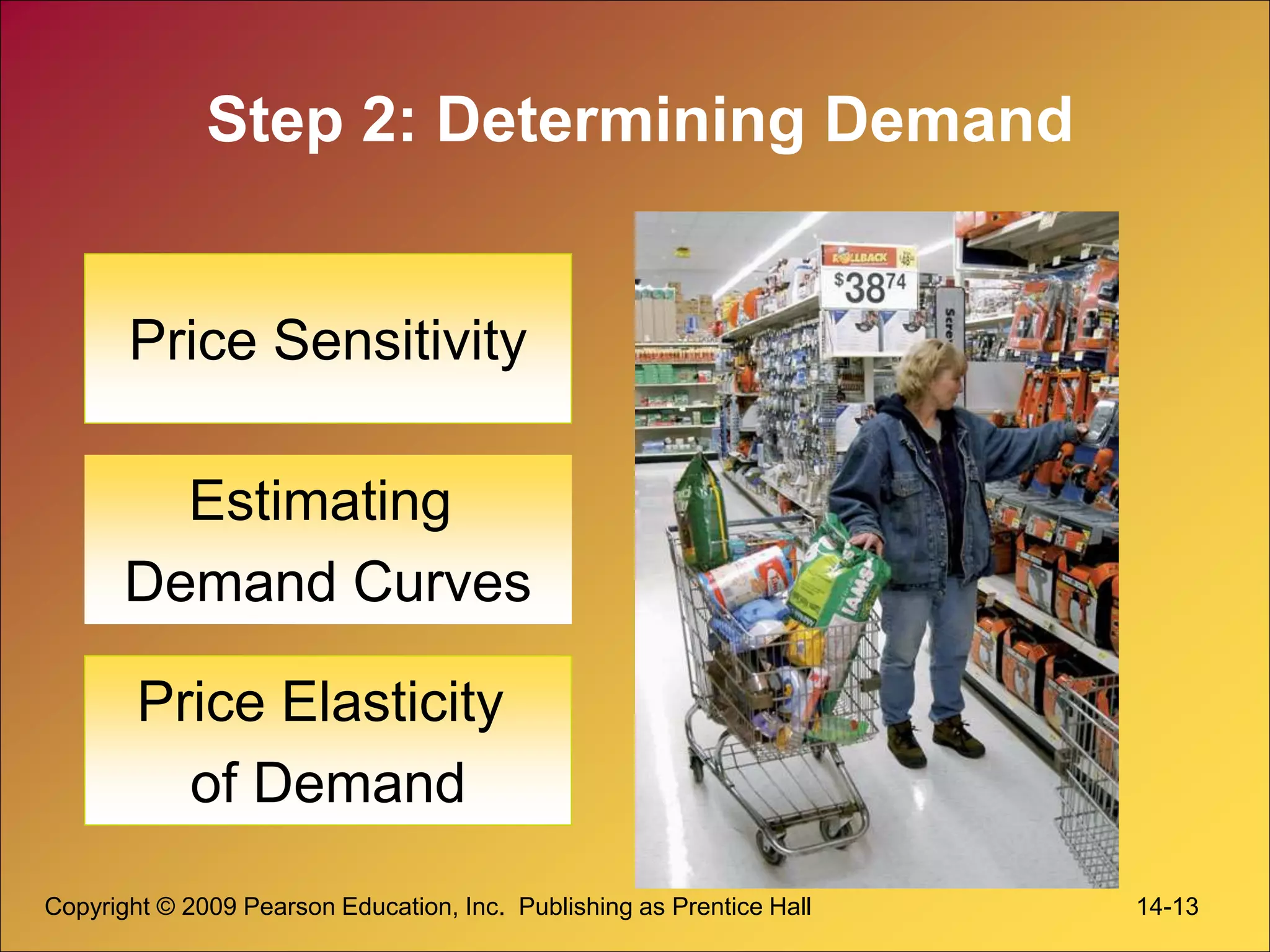 Copyright © 2009 Pearson Education, Inc. Publishing as Prentice Hall 14-13
Step 2: Determining Demand
Price Sensitivity
Estimating
Demand Curves
Price Elasticity
of Demand
 