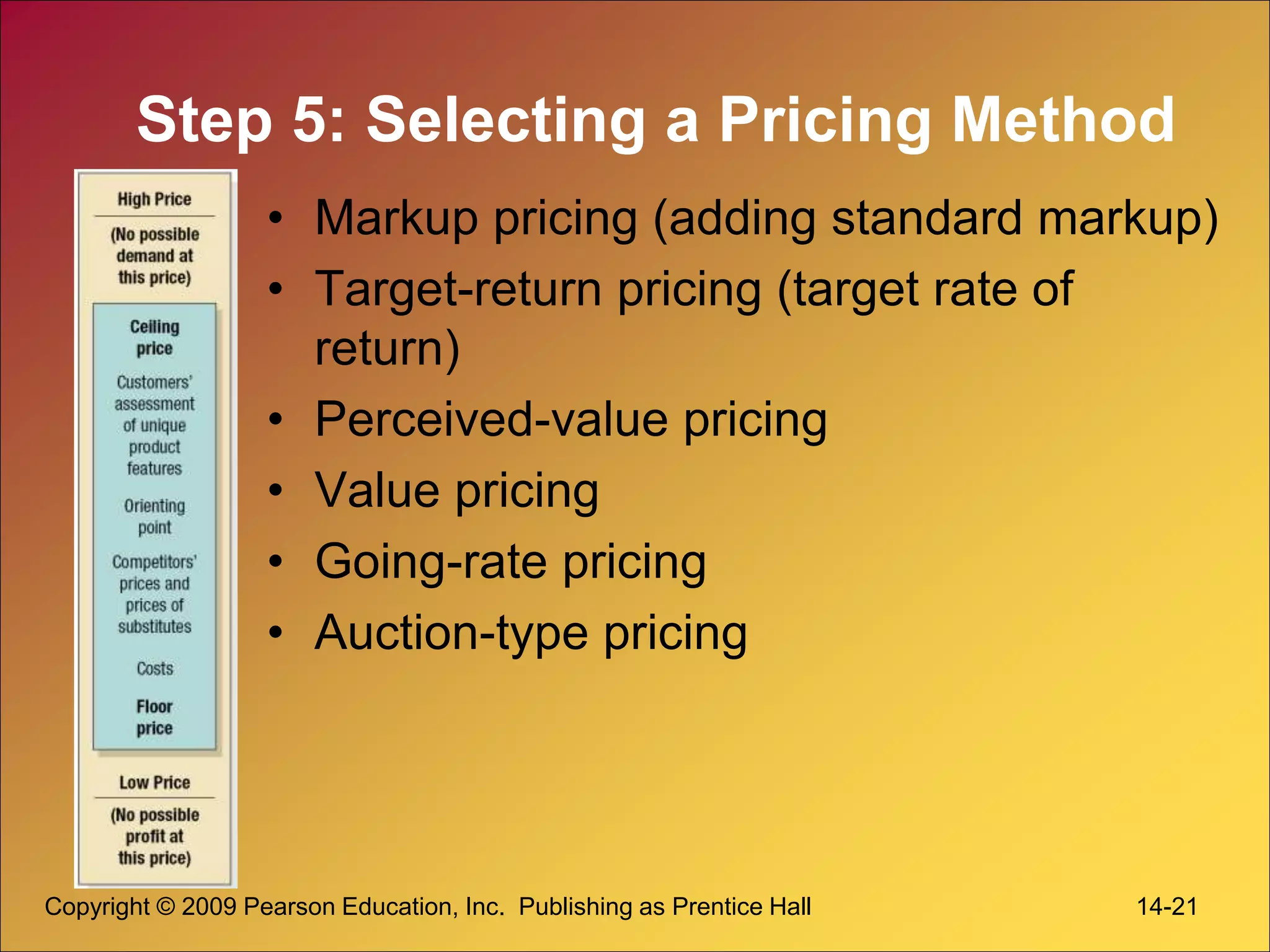 Copyright © 2009 Pearson Education, Inc. Publishing as Prentice Hall 14-21
Step 5: Selecting a Pricing Method
• Markup pricing (adding standard markup)
• Target-return pricing (target rate of
return)
• Perceived-value pricing
• Value pricing
• Going-rate pricing
• Auction-type pricing
 