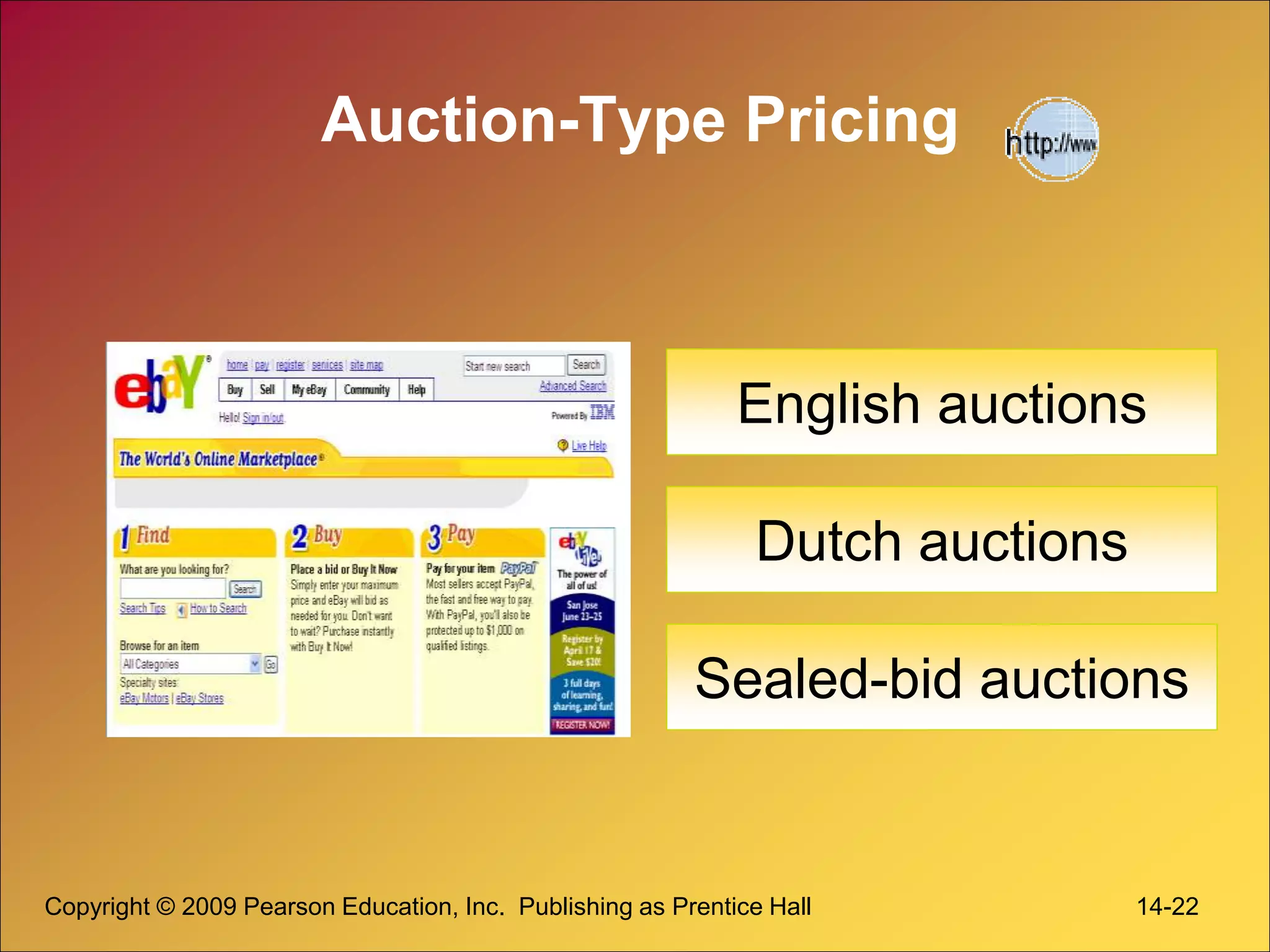 Copyright © 2009 Pearson Education, Inc. Publishing as Prentice Hall 14-22
Auction-Type Pricing
English auctions
Dutch auctions
Sealed-bid auctions
 