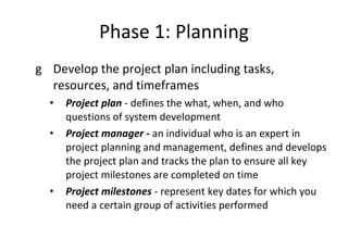 Phase 1: Planning Develop the project plan including tasks, resources, and timeframes Project plan  - defines the what, when, and who questions of system development Project manager -  an individual who is an expert in project planning and management, defines and develops the project plan and tracks the plan to ensure all key project milestones are completed on time Project milestones  - represent key dates for which you need a certain group of activities performed  