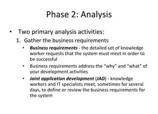 Phase 2: Analysis Two primary analysis activities: Gather the business requirements Business requirements  - the detailed set of knowledge worker requests that the system must meet in order to be successful Business requirements address the “why” and “what” of your development activities Joint application development  ( JAD ) - knowledge workers and IT specialists meet, sometimes for several days, to define or review the business requirements for the system  