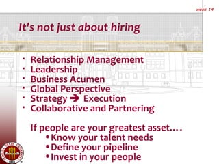 week 14



It's not just about hiring

   Relationship Management
   Leadership
   Business Acumen
   Global Perspective
   Strategy  Execution
   Collaborative and Partnering
    If people are your greatest asset….
        •Know your talent needs
        •Define your pipeline
        •Invest in your people
 
