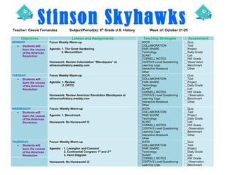 Stinson Skyhawks
Teacher: Cassie Fernandez
Objectives
MONDAY
• Students will
learn the causes
of the American
Revolution

Subject/Period(s): 8th Grade U.S. History
Lesson and Assignments

Focus Weekly Warm-up
Agenda: 1. The Great Awakening
2. Mercantilism
Homework: Review Colonization “Blendspace” at
stinsonushistory.weebly.com

TUESDAY
• Students will
learn the causes
of the American
Revolution

Focus Weekly Warm-up
Agenda: 1. Review
2. OPTIC
Homework: Review American Revolution Blendspace at
stinsonushistory.weebly.com

WEDNESDAY
• Students will
learn the causes
of the American
Revolution

Focus: Weekly Warm-up

THURSDAY
• Students will
learn the causes
of the American
Revolution

Focus: Weekly Warm-up

Agenda: 1. Benchmark
Homework: No Homework! 

Agenda: : 1. Lexington and Concord
2. Continental Congress 1st and 2nd
3. Venn Diagram
Homework: No Homework! 

Week of: October 21-25
Teaching Strategies
WICR
COLLABORATION
PAIR SHARE
Technology
SLANT
CORNELL NOTES
COSTA’S Level Questioning
Learning Logs
Interactive Notebook
Other
WICR
COLLABORATION
PAIR SHARE
Technology
SLANT
CORNELL NOTES
COSTA’S Level Questioning
Learning Logs
Interactive Notebook
Other
WICR
COLLABORATION
PAIR SHARE
Technology
SLANT
CORNELL NOTES
COSTA’S Level Questioning
Learning Logs
Interactive Notebook
Other
WICR
COLLABORATION
PAIR SHARE
Technology
SLANT
CORNELL NOTES
COSTA’S Level Questioning
Learning Logs

Assessment
Quiz
Test
Project
Daily Grade
Lab
HW Grade
Observation
Benchmark
Other
Quiz
Test
Project
Daily Grade
Lab
HW Grade
Observation
Benchmark
Other
Quiz
Test
Project
Daily Grade
Lab
HW Grade
Observation
Benchmark
Other
Quiz
Test
Project
Daily Grade
Lab
HW Grade
Observation
Benchmark

 