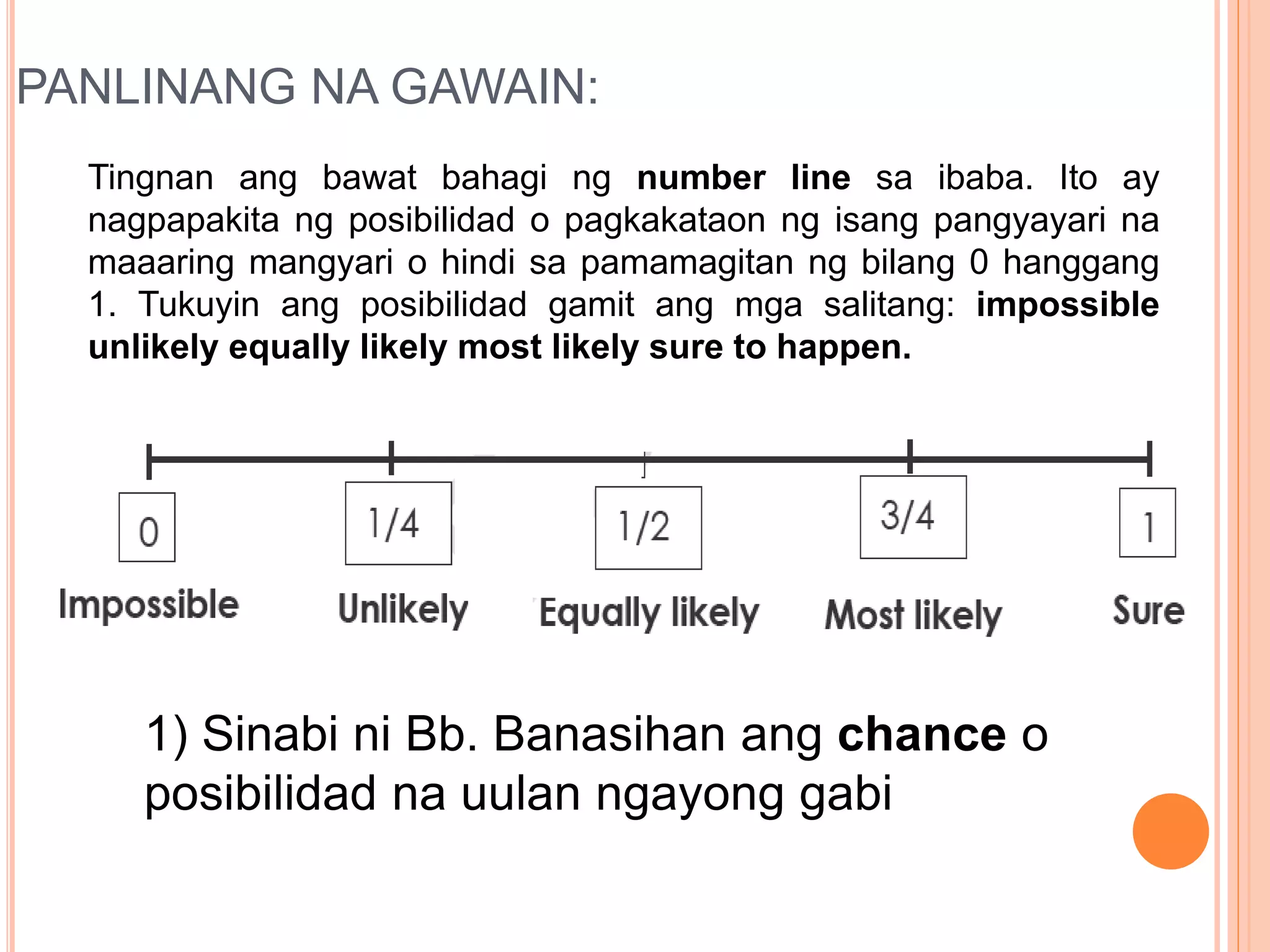 PANLINANG NA GAWAIN:
Tingnan ang bawat bahagi ng number line sa ibaba. Ito ay
nagpapakita ng posibilidad o pagkakataon ng isang pangyayari na
maaaring mangyari o hindi sa pamamagitan ng bilang 0 hanggang
1. Tukuyin ang posibilidad gamit ang mga salitang: impossible
unlikely equally likely most likely sure to happen.
1) Sinabi ni Bb. Banasihan ang chance o
posibilidad na uulan ngayong gabi
 