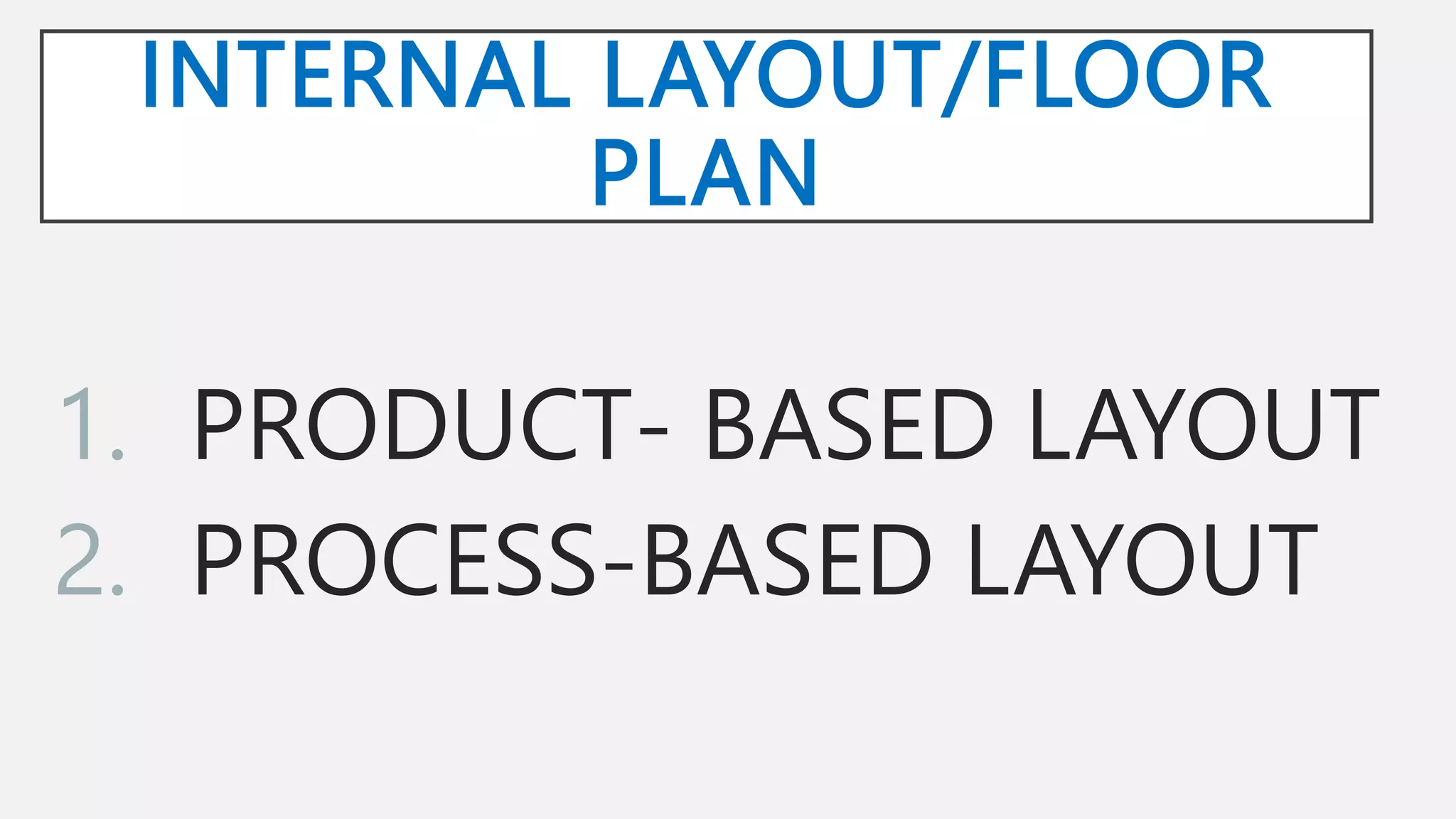 INTERNAL LAYOUT/FLOOR
PLAN
1. PRODUCT- BASED LAYOUT
2. PROCESS-BASED LAYOUT
 