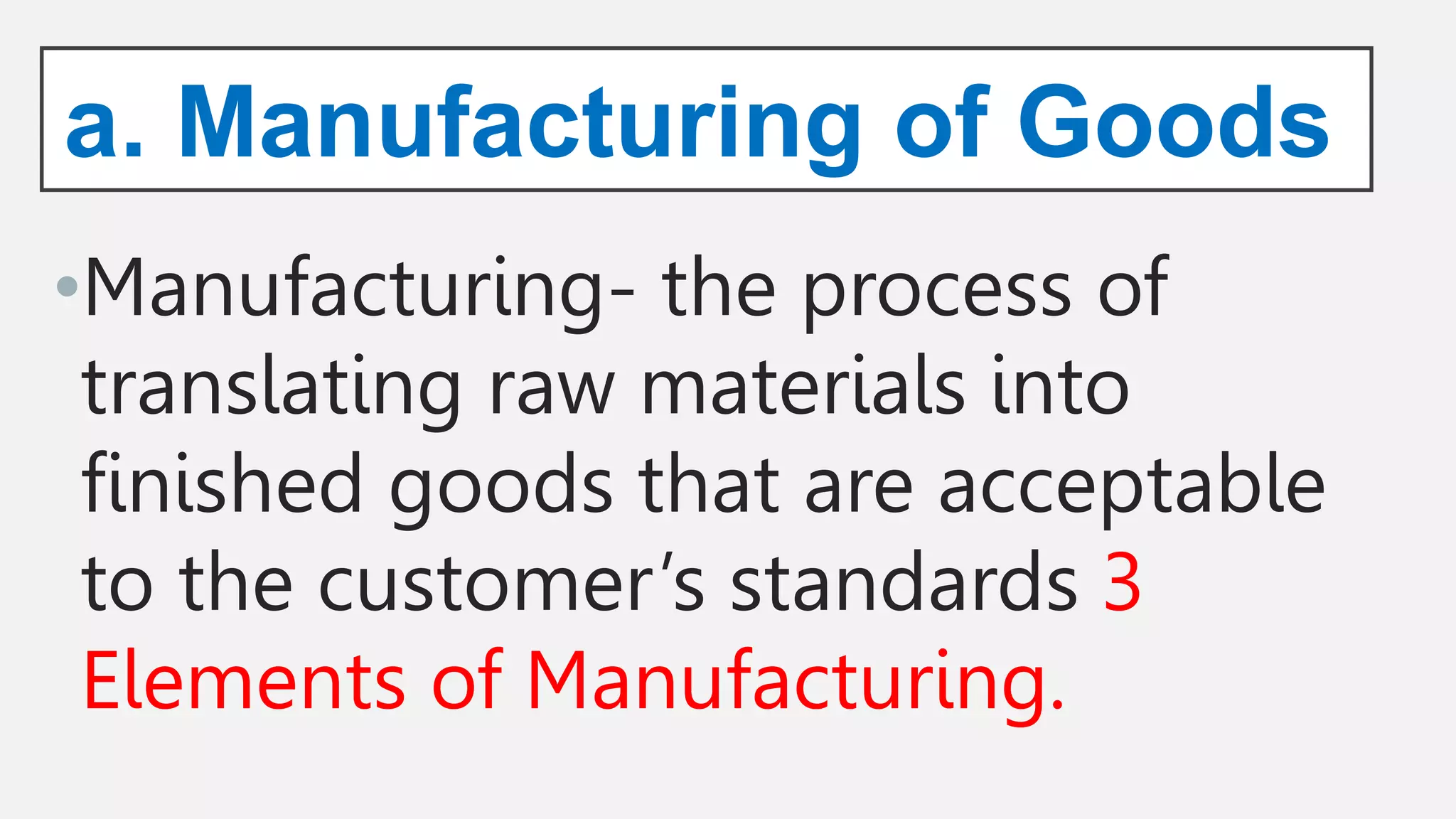 a. Manufacturing of Goods
•Manufacturing- the process of
translating raw materials into
finished goods that are acceptable
to the customer’s standards 3
Elements of Manufacturing.
 
