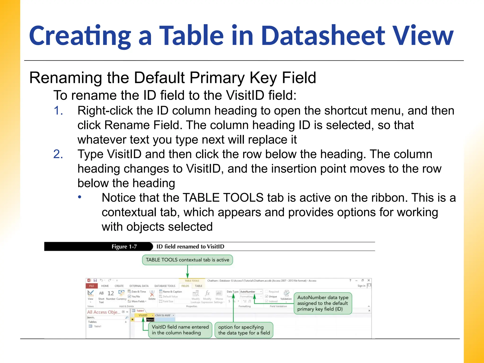 XP
XP
XP
Creating a Table in Datasheet View
Renaming the Default Primary Key Field
To rename the ID field to the VisitID field:
1. Right-click the ID column heading to open the shortcut menu, and then
click Rename Field. The column heading ID is selected, so that
whatever text you type next will replace it
2. Type VisitID and then click the row below the heading. The column
heading changes to VisitID, and the insertion point moves to the row
below the heading
• Notice that the TABLE TOOLS tab is active on the ribbon. This is a
contextual tab, which appears and provides options for working
with objects selected
 