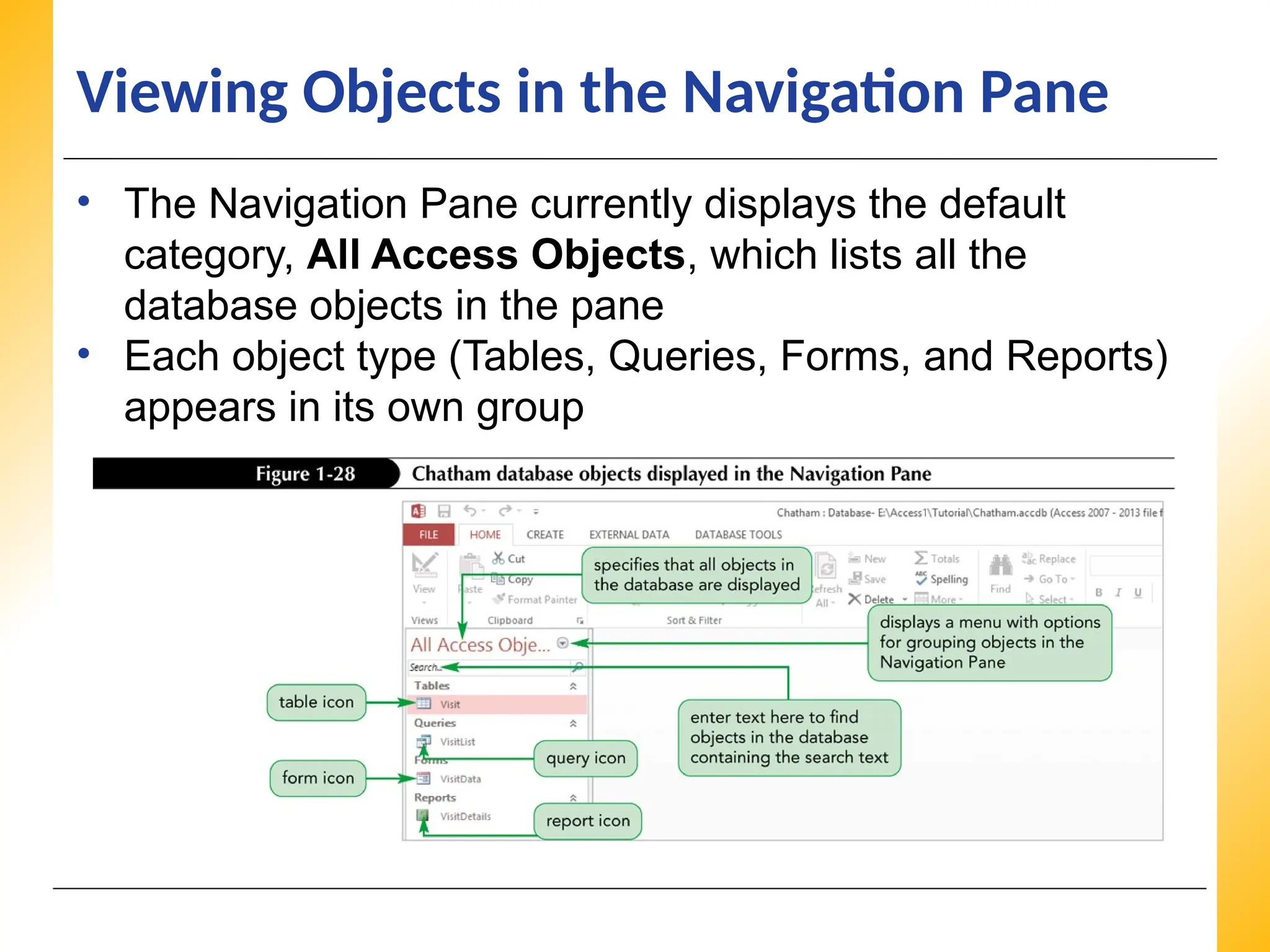 XP
XP
XP
Viewing Objects in the Navigation Pane
• The Navigation Pane currently displays the default
category, All Access Objects, which lists all the
database objects in the pane
• Each object type (Tables, Queries, Forms, and Reports)
appears in its own group
 