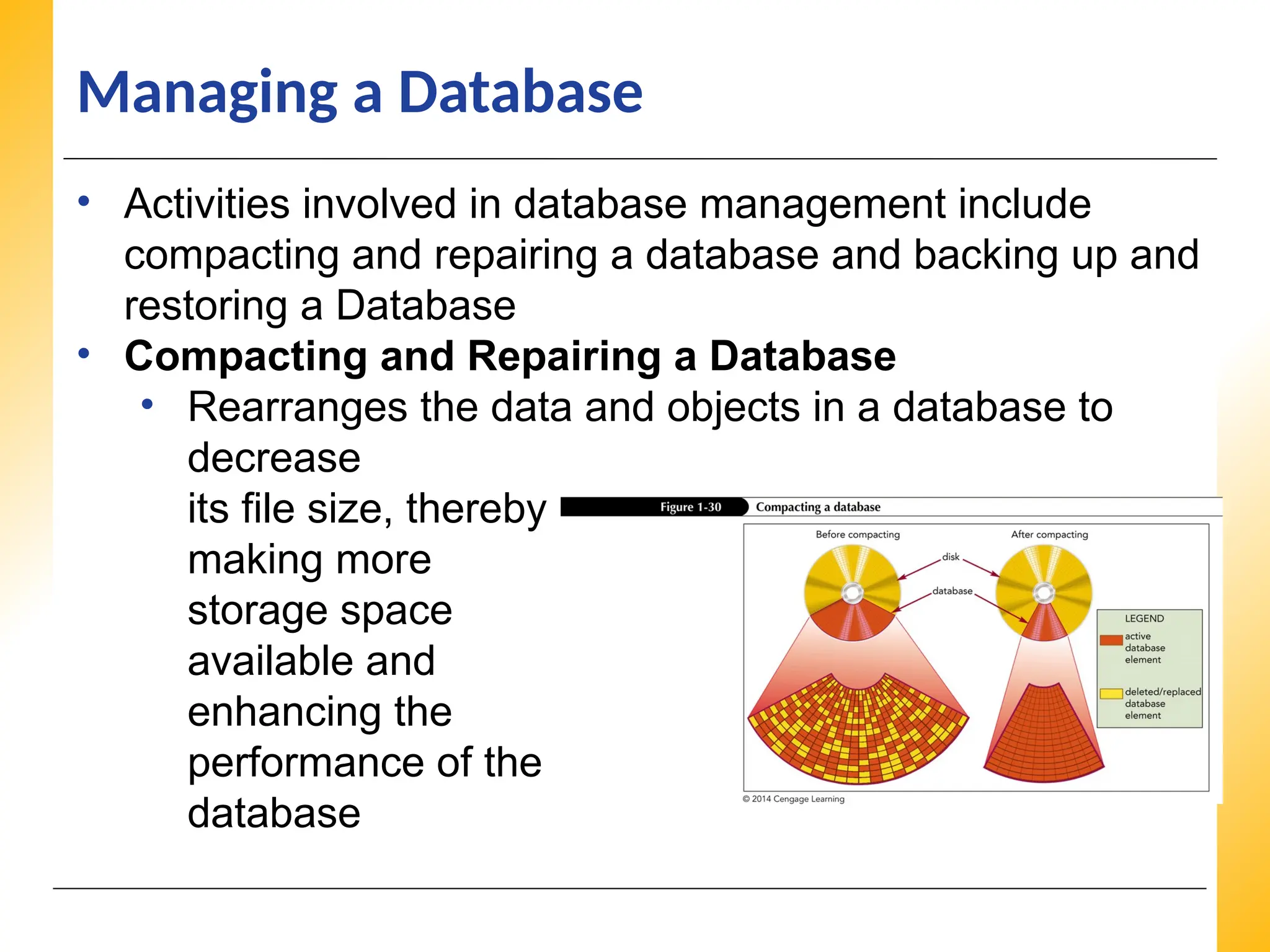 XP
XP
XP
Managing a Database
• Activities involved in database management include
compacting and repairing a database and backing up and
restoring a Database
• Compacting and Repairing a Database
• Rearranges the data and objects in a database to
decrease
its file size, thereby
making more
storage space
available and
enhancing the
performance of the
database
 