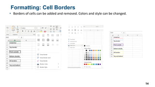 Formatting: Cell Borders
• Borders of cells can be added and removed. Colors and style can be changed.
14
 