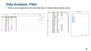 Data Analysis: Filter
• Filters can be applied to sort and hide data. It makes data analysis easier.
16
 