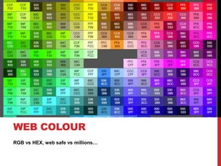 WEB COLOUR 
RGB vs HEX, web safe vs millions… 
 