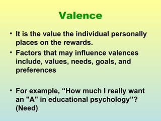 Valence 
• It is the value the individual personally 
places on the rewards. 
• Factors that may influence valences 
include, values, needs, goals, and 
preferences 
• For example, “How much I really want 
an "A" in educational psychology”? 
(Need) 
 