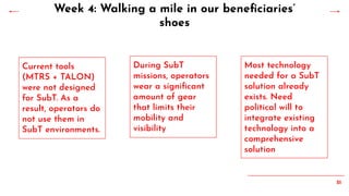 51
Week 4: Walking a mile in our beneﬁciaries’
shoes
Current tools
(MTRS + TALON)
were not designed
for SubT. As a
result, operators do
not use them in
SubT environments.
Most technology
needed for a SubT
solution already
exists. Need
political will to
integrate existing
technology into a
comprehensive
solution
During SubT
missions, operators
wear a signiﬁcant
amount of gear
that limits their
mobility and
visibility
 