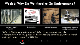 Week 3: Why Do We Need to Go Underground?
Week 3
Nuclear + WMD
Facilities
Sensitive Intel Hostage Recovery Hidden Enemy Resources
(ex: C2, missile silo, etc)
“What if Bin Laden was in a tunnel? What if there was a loose nuke
underground?... Can you guarantee by just blowing something up that a tunnel
no longer poses a threat?” - Akhil Iyer
 