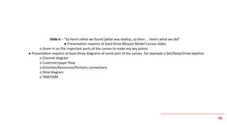 76
Slide 6 – “So here’s what we found (what was reality), so then… here’s what we did”
● Presentation requires at least three Mission Model Canvas slides
o Zoom in on the important parts of the canvas to make any key points
● Presentation requires at least three diagrams of some part of the canvas. For example o Get/Keep/Grow pipeline
o Channel diagram
o Customer/payer flow
o Activities/Resources/Partners connections
o Petal diagram
o TAM/SAM
 