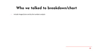 77
- Include images/icons and by the numbers analysis
Who we talked to breakdown/chart
 
