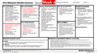 85
KEY ACTIVITIES
● Continue to develop beneficiaries
● Pursue partnership with COTS private
partners for integrated MVP
● If partnership unavailable, identify
where to begin iterating missing
“puzzle piece” for MVP
● Investigate specific constraints of the
tunnels and conditions for which we
should optimize
● (Done) Test limitations of MPU5 mesh
network and TALON at Fort Campbell
KEY PARTNERS
1. National Center for Urban
Operations (NCUO)
2. Tim Chung - Former DARPA
Program Manager
3. QinetiQ - manufacturer of the
Common Robotic System (CRS)
used by 5th SFG
4. IDF Col (ret) Assaf Mahler for
potential partnership with Israeli
company (primary POC for
potential saboteur -> partner)
5. Stanford robotics?
Potential Private Partners of Interest
1. Persistent Systems - MPU5 pucks
2. Bearcat* RPi - Kevin Knoedler
3. Robotic Research
4. Teledyne FLIR
5. Allied Vision Technologies
6. Emesent
7. Smith’s Detection - JCAD
8. Motorola Solutions
9. L3Harris Technologies
KEY RESOURCES
● Interim Security Clearance
● "Underground Warfare" by
Daphne Richemond-Barak
● Hands-on access to MPU5 pucks
or Bearcat
● Access to Pegasus 3
● Access to ATAK
● ATP 3-21.51 and other SubT
literature
VALUE PROPOSITIONS
● Provide real-time, situational
awareness - visual ID, air
sensing
● Lengthen standoff distance
of operator to robot
● Increased efficiency of
operator teams to quickly
evaluate risk level of
underground bunkers and
allocate resources
appropriately
● Increase
flexibility/adaptability of
current tools
● If successful, opportunity for
dual-use in
search-and-rescue missions
MISSION ACHIEVEMENT/IMPACT FACTORS
● Primary KPI we (and the 5th SFG) will use is increasing the "stand-off distance" between adversaries and US
operatives. First goal to increase to 100+ yards
● If signal boosting effective, secondary KPI is multimodal map building and display to operator assessed on accuracy,
real-time feasibility, and user-friendliness of output
● Mission success defined by increased safety and efficacy of the 5th Special Forces Group operators when conducting
underground facility (bunkers) missions. Speed and safety metrics to be benchmarked against historical data
● Create new SOPs that protect operators, efficiently allocate resources, allow for rapid evaluation, and built a data
repository for future mission planning
MISSION BUDGET/COST
* Per Maj Kyle Thompson 5th SFG is able to easily procure any product that we want to test under $10,000
Fixed Cost
● Operating plan will largely hinge on leverage existing technology with private acquisitions to be
determine after putting hands on legacy equipment
Variable Cost
● Travel costs associated with flying to Ft. Campbell to meet with key stakeholders (~$1,500)
● (Potential) Skydio 2+ micro-drone ($1,099) if Black Hornet unavailable or inadequate
BENEFICIARIES
Primary Beneficiaries
● 4th BN 5th SFG CBRN Specilist
○ SSG Jerry Chavolla - MTRS2 Pilot
○ SFC Anthony Wiles - CBRN team
lead
○ CPT David Stults - GFC
● Infil team lead
Potential (more investigation needed)
● Dismounted EOD 4th BTN, 5th SFG
attached to SOF
● Mounted EOD 4th BTN, 5th SFG
● CBRN dets for SubT ops
● On-Scene assault force commander
● Attached CCT on SubT op with 5th
SFG
Secondary Beneficiaries
●
BUY-IN & SUPPORT
● MAJ Jesse Geyer
● COL Kevin Leahy (CO 5th SFG)
● USSOCOM Program manager (ID
which one) PEO SOF Warrior?
Double check
● GEN Bryan Fenton, Maj Shane
Shorter
DEPLOYMENT
● Start with 5th SFG committed ~$10k budget
and strong relationship building with
operators and technical personnel within the
command
● If functional MVP created or reasonable
theoretical model, would pursue basic
research grants, moving to applied research
grants in partnership with 5th SFG and DIU
acquisition process through DARPA
● If technology continued to show promise,
would consider USSOCOM sponsorship,
seeking contract
Mission/Problem Description: Seeing
Subterranean Smoke (#3)
Designed by: Project Odin Date: 4/09/23 Version:1.4
Week 4
 
