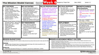 87
KEY ACTIVITIES
● Explore mothership/mule systems
● Pursue partnership with COTS private
partners for integrated MVP
● If partnership unavailable, identify
where to begin iterating missing
“puzzle piece” for MVP
● Investigate power sources
● Investigate specific constraints of the
tunnels and conditions for which we
should optimize
● (Done) Test limitations of MPU5 mesh
network and TALON at Fort Campbell
KEY PARTNERS
1. Tim Chung - Former DARPA
Program Manager
2. QinetiQ - manufacturer of the
Common Robotic System (CRS)
used by 5th SFG
3. IDF Col (ret) Assaf Mahler for
potential partnership with Israeli
company (primary POC for
potential saboteur -> partner)
4. Stanford robotics?
Potential Private Partners of Interest
1. Persistent Systems - MPU5 pucks
2. Bearcat* RPi - Kevin Knoedler
3. Robotic Research
4. Tesla Superchargers
5. Teledyne FLIR
6. Allied Vision Technologies
7. Emesent
8. Smith’s Detection - JCAD
9. Motorola Solutions
10. L3Harris Technologies
KEY RESOURCES
● Interim Security Clearance
● "Underground Warfare" by
Daphne Richemond-Barak
● Hands-on access to MPU5 pucks
or Bearcat
● Access to Pegasus 3
● Access to ATAK
● ATP 3-21.51 and other SubT
literature
VALUE PROPOSITIONS
● Provide real-time, situational
awareness - visual ID, air
sensing to move from one
defensible position to the
next
● Enable operators to remove
protective gear
● Lengthen standoff distance
of operator to robot
● Increased efficiency of
operator teams to quickly
evaluate risk level of
underground bunkers and
allocate resources
appropriately
● Increase flexibility/
adaptability of current tools
● If successful, opportunity for
dual-use in search & rescue
missions
MISSION ACHIEVEMENT/IMPACT FACTORS
● Primary KPI we (and the 5th SFG) will use is increasing the "stand-off distance" between adversaries and US
operatives. First goal to increase to 100+ yards
● If signal boosting effective, secondary KPI is multimodal map building and display to operator assessed on accuracy,
real-time feasibility, and user-friendliness of output
● Mission success defined by increased safety and efficacy of the 5th Special Forces Group operators when conducting
underground facility (bunkers) missions. Speed and safety metrics to be benchmarked against historical data
● Create new SOPs that protect operators, efficiently allocate resources, allow for rapid evaluation, and built a data
repository for future mission planning
MISSION BUDGET/COST
* Per Maj Kyle Thompson 5th SFG is able to easily procure any product that we want to test under $10,000
Fixed Cost
● Operating plan will largely hinge on leverage existing technology with private acquisitions to be
determine after putting hands on legacy equipment
Variable Cost
● Travel costs associated with flying to Ft. Campbell to meet with key stakeholders (~$3000)
BENEFICIARIES
Primary Beneficiaries
● 4th BN 5th SFG CBRN Specialist
○ SSG Jerry Chavolla - MTRS2
Pilot
○ SFC Anthony Wiles - CBRN team
lead
○ CPT David Stults - GFC
● Infil team lead
Potential (more investigation needed)
● John Keyes, US Navy
● Federal Bureau of investigation
● US Marine Special operations
● Dismounted EOD 4th BTN, 5th
SFG attached to SOF
● Mounted EOD 4th BTN, 5th SFG
● CBRN dets for SubT ops
● On-Scene assault force
commander
● Attached CCT on SubT op with 5th
SFG
BUY-IN & SUPPORT
● MAJ Jesse Geyer
● COL Kevin Leahy (CO 5th SFG)
● USSOCOM Program manager (ID
which one) PEO SOF Warrior?
Double check
● GEN Bryan Fenton, Maj Shane
Shorter
DEPLOYMENT
● Start with 5th SFG committed ~$10k budget
and strong relationship building with
operators and technical personnel within the
command
● If functional MVP created or reasonable
theoretical model, would pursue basic
research grants, moving to applied research
grants in partnership with 5th SFG and DIU
acquisition process through DARPA
● If technology continued to show promise,
would consider USSOCOM sponsorship,
seeking contract
Mission/Problem Description: Seeing
Subterranean Smoke (#3)
Designed by: Project Odin Date: 4/09/23 Version:1.4
Week 6
 