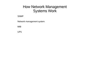 How Network Management
           Systems Work
SNMP

Network management system

MIB

UPS
 
