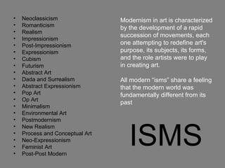 ISMS
• Neoclassicism
• Romanticism
• Realism
• Impressionism
• Post-Impressionism
• Expressionism
• Cubism
• Futurism
• Abstract Art
• Dada and Surrealism
• Abstract Expressionism
• Pop Art
• Op Art
• Minimalism
• Environmental Art
• Postmodernism
• New Realism
• Process and Conceptual Art
• Neo-Expressionism
• Feminist Art
• Post-Post Modern
Modernism in art is characterized
by the development of a rapid
succession of movements, each
one attempting to redefine art's
purpose, its subjects, its forms,
and the role artists were to play
in creating art.
All modern “isms” share a feeling
that the modern world was
fundamentally different from its
past
 