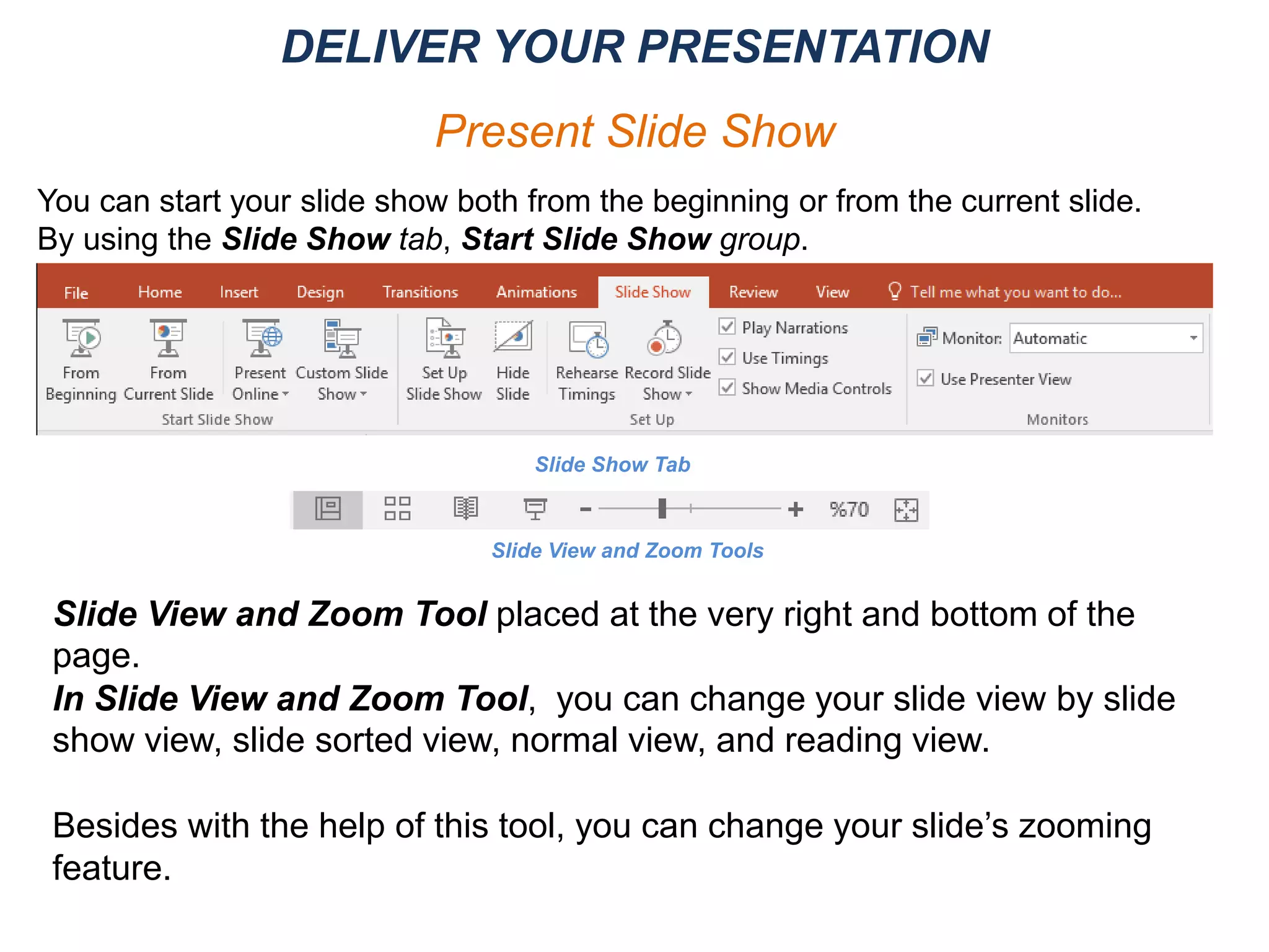 You can start your slide show both from the beginning or from the current slide.
By using the Slide Show tab, Start Slide Show group.
Slide Show Tab
Slide View and Zoom Tools
Slide View and Zoom Tool placed at the very right and bottom of the
page.
In Slide View and Zoom Tool, you can change your slide view by slide
show view, slide sorted view, normal view, and reading view.
Besides with the help of this tool, you can change your slide’s zooming
feature.
DELIVER YOUR PRESENTATION
Present Slide Show
 