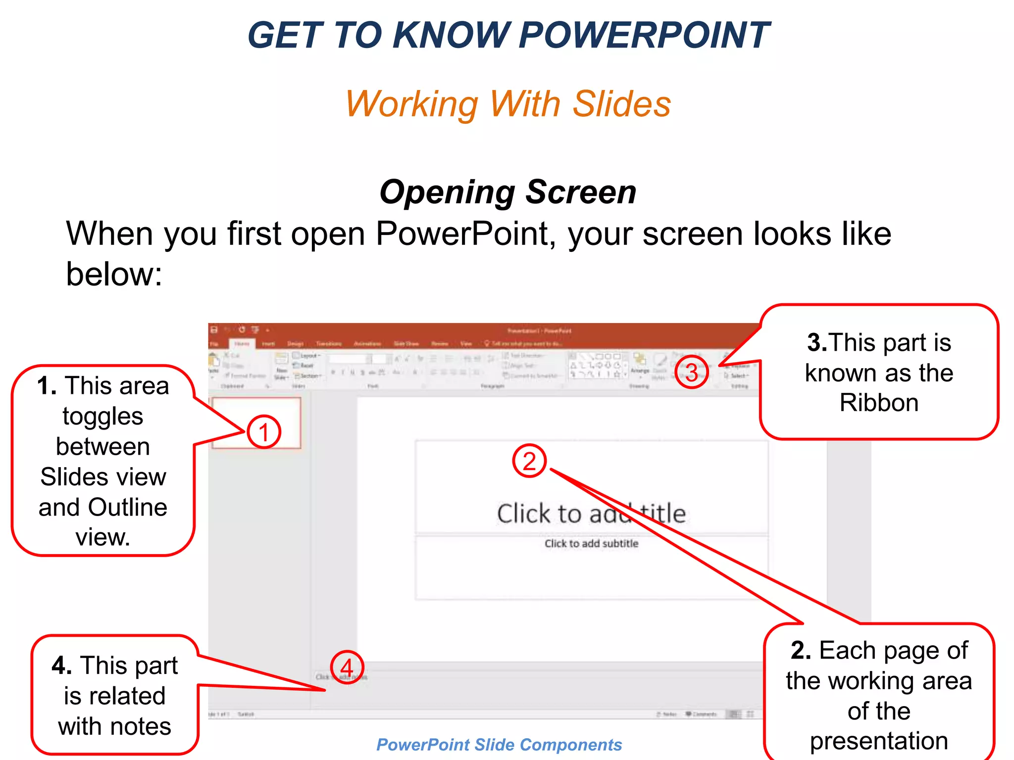 PowerPoint Slide Components
Opening Screen
When you first open PowerPoint, your screen looks like
below:
1
2
3
4
GET TO KNOW POWERPOINT
Working With Slides
1. This area
toggles
between
Slides view
and Outline
view.
3.This part is
known as the
Ribbon
2. Each page of
the working area
of the
presentation
4. This part
is related
with notes
 