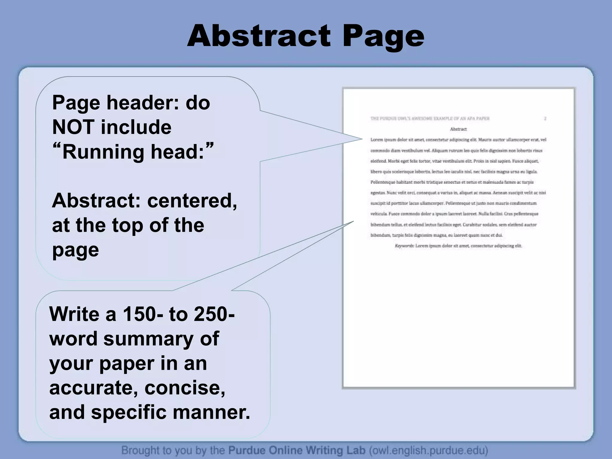 Abstract Page
Page header: do
NOT include
“Running head:”
Abstract: centered,
at the top of the
page
Write a 150- to 250-
word summary of
your paper in an
accurate, concise,
and specific manner.
 