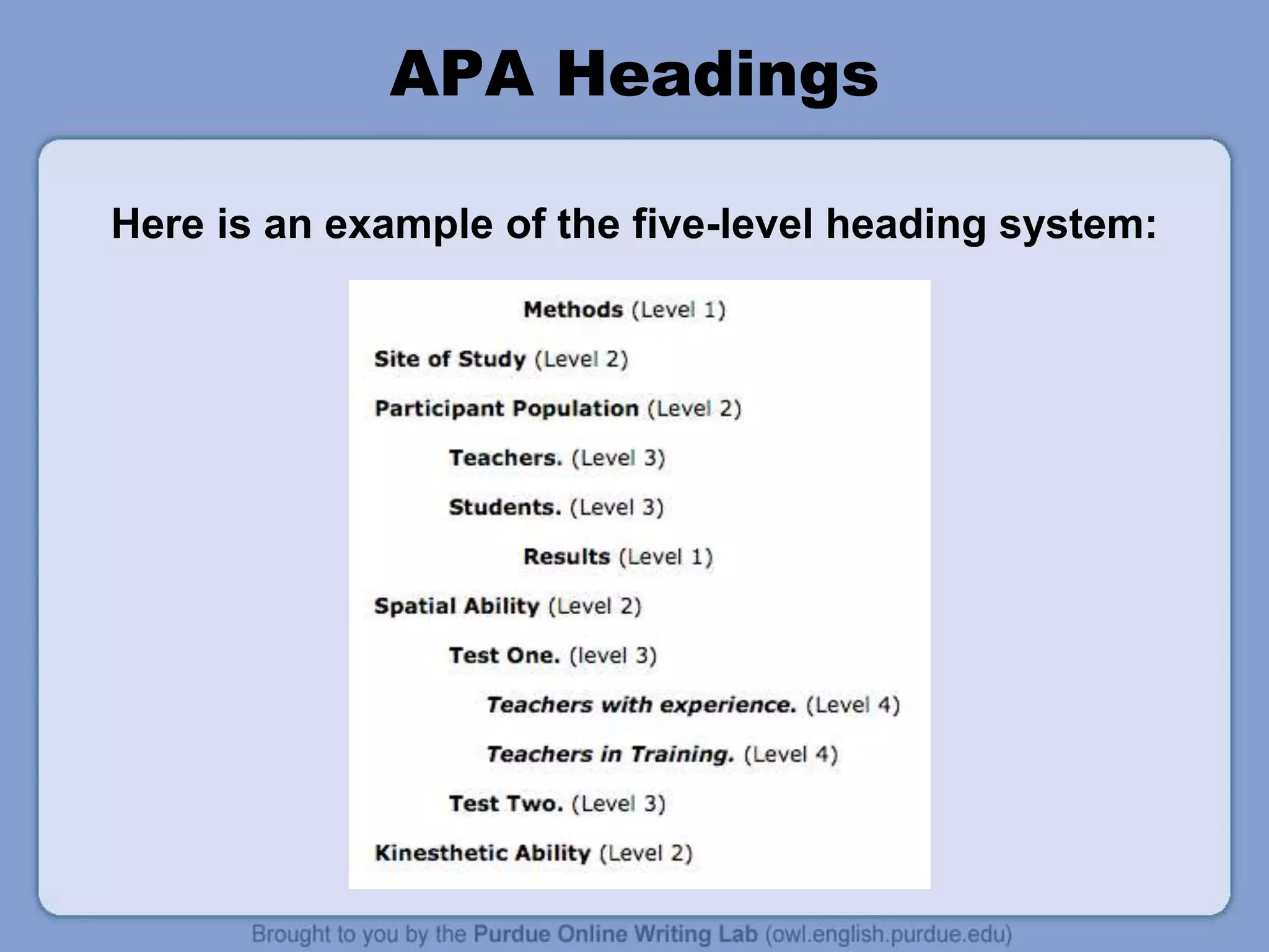 APA Headings
Here is an example of the five-level heading system:
 