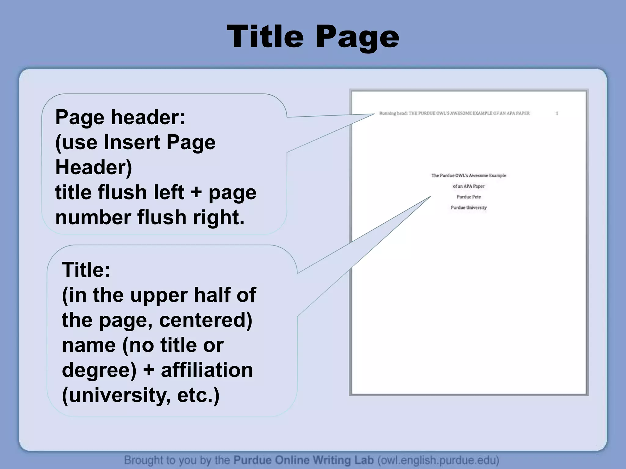 Title Page
Page header:
(use Insert Page
Header)
title flush left + page
number flush right.
Title:
(in the upper half of
the page, centered)
name (no title or
degree) + affiliation
(university, etc.)
 