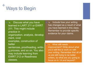 +
    Ways to Begin

        Discuss what you have               Include how your writing
        learned in LART 211 or EWRT           has changed as a result of what
        211. This might include               you have learned in this class.
                                              Remember to provide specific
        practice in
                                              evidence for your claims.
        organization, analysis, develop
        ment, vivid
        examples, construction of
        better                                What still needs
        sentences, proofreading, writin       improvement? Write about what
        g process, and so on. You also        you'd still like to work on with
                                              your writing. Remember that all of
        may include learning from
                                              us are still trying to be better
        EWRT 212 or Readiness                 writers, so what are you going to
        classes.                              focus on in 1A and beyond?
 
