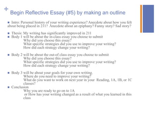 + Begin Reflective Essay (#5) by making an outline
  Intro: Personal history of your writing experience? Anecdote about how you felt
 about being placed in 211? Anecdote about an epiphany? Funny story? Sad story?
    Thesis: My writing has significantly improved in 211
    Body 1 will be about the in-class essay you choose to submit
             Why did you choose this essay?
             What specific strategies did you use to improve your writing?
             How did each strategy change your writing?
    Body 2 will be about the out-of class essay you choose to submit
            Why did you choose this essay?
            What specific strategies did you use to improve your writing?
            How did each strategy change your writing?
    Body 3 will be about your goals for your own writing.
            Where do you need to improve your writing?
            What do you want to work on next year in your Reading, 1A, 1B, or 1C
            classes?
    Conclusion
            Why you are ready to go on to 1A
             or How has your writing changed as a result of what you learned in this
            class
 