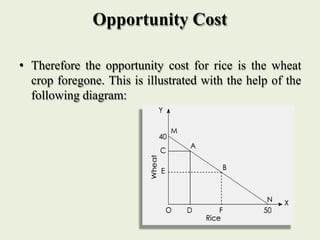 Opportunity Cost
• Therefore the opportunity cost for rice is the wheat
crop foregone. This is illustrated with the help o...