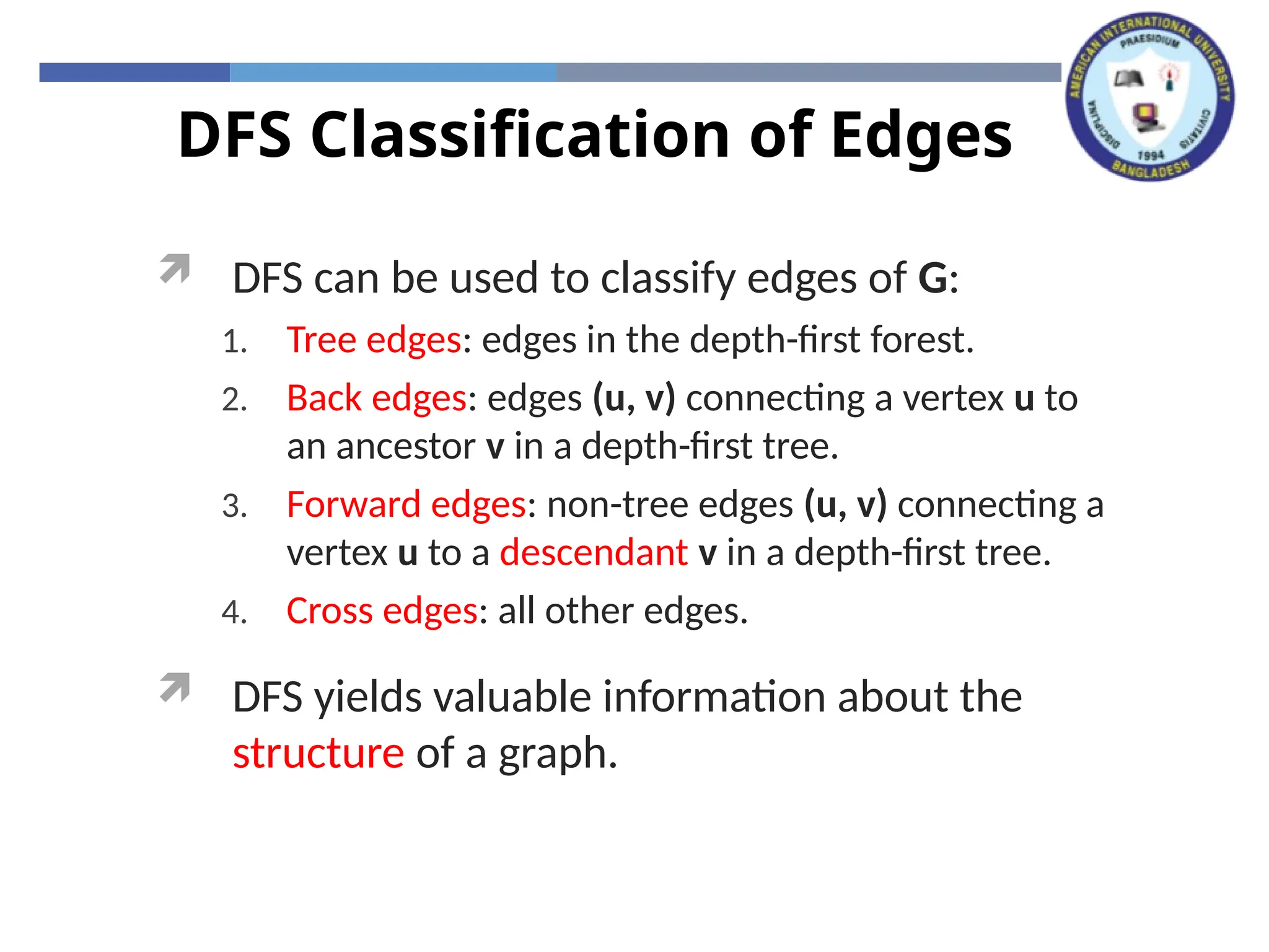 DFS Classification of Edges
 DFS can be used to classify edges of G:
1. Tree edges: edges in the depth-first forest.
2. Back edges: edges (u, v) connecting a vertex u to
an ancestor v in a depth-first tree.
3. Forward edges: non-tree edges (u, v) connecting a
vertex u to a descendant v in a depth-first tree.
4. Cross edges: all other edges.
 DFS yields valuable information about the
structure of a graph.
 