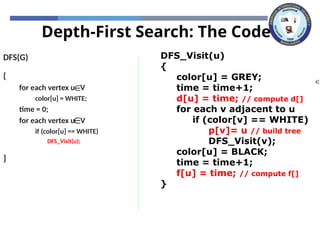 Depth-First Search: The Code
DFS(G)
{
for each vertex u V
color[u] = WHITE;
time = 0;
for each vertex u V
if (color[u] == WHITE)
DFS_Visit(u);
}


DFS_Visit(u)
{
color[u] = GREY;
time = time+1;
d[u] = time; // compute d[]
for each v adjacent to u
if (color[v] == WHITE)
p[v]= u // build tree
DFS_Visit(v);
color[u] = BLACK;
time = time+1;
f[u] = time; // compute f[]
}

 
