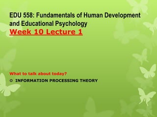 EDU 558: Fundamentals of Human Development
and Educational Psychology
Week 10 Lecture 1
What to talk about today?
 INFORMATION PROCESSING THEORY
 