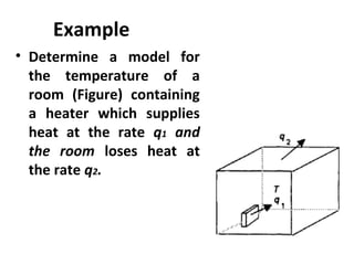 Example 
• Determine a model for 
the temperature of a 
room (Figure) containing 
a heater which supplies 
heat at the rate q1 and 
the room loses heat at 
the rate q2. 
 