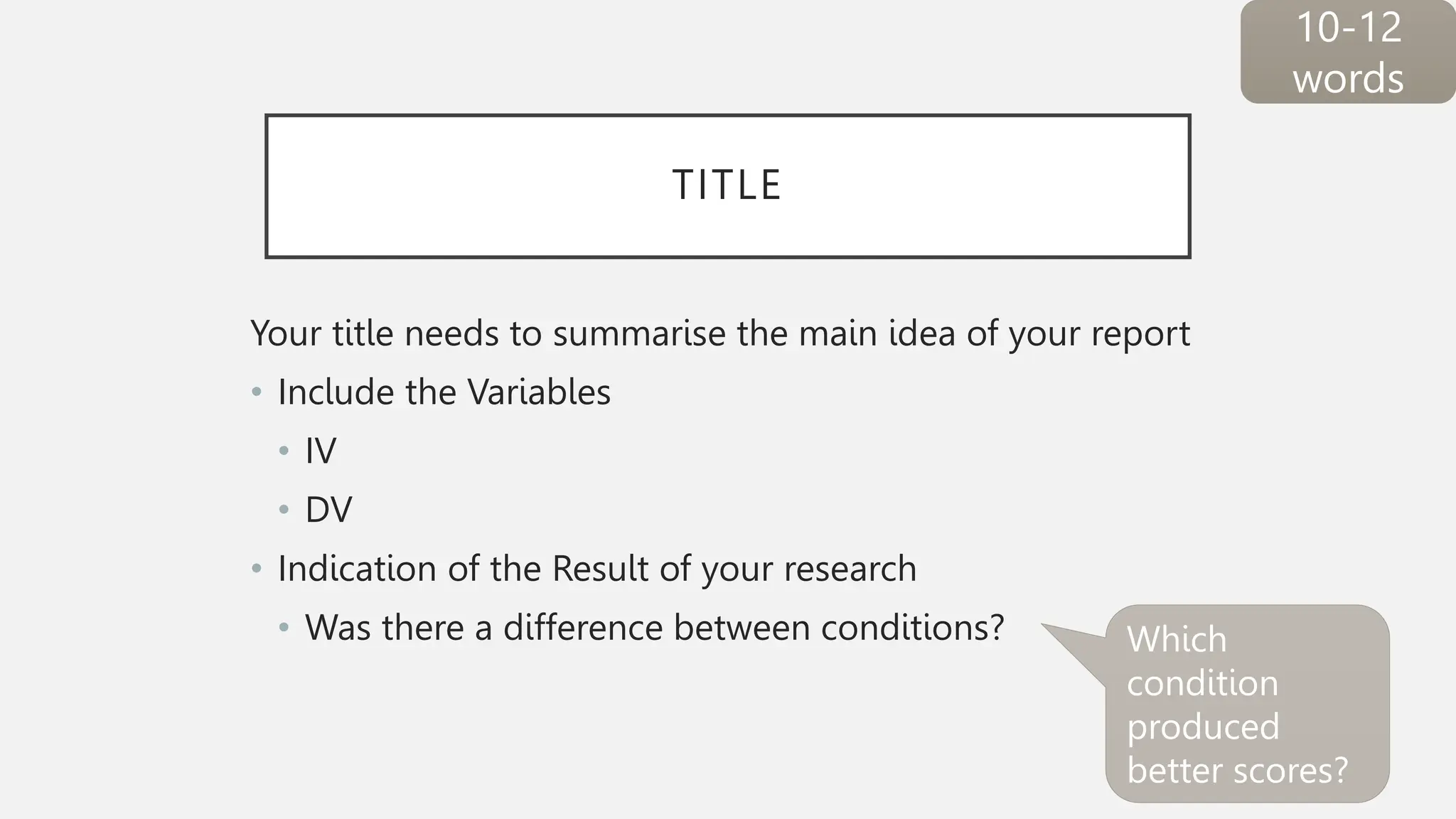 TITLE
Your title needs to summarise the main idea of your report
• Include the Variables
• IV
• DV
• Indication of the Result of your research
• Was there a difference between conditions?
10-12
words
Which
condition
produced
better scores?
 