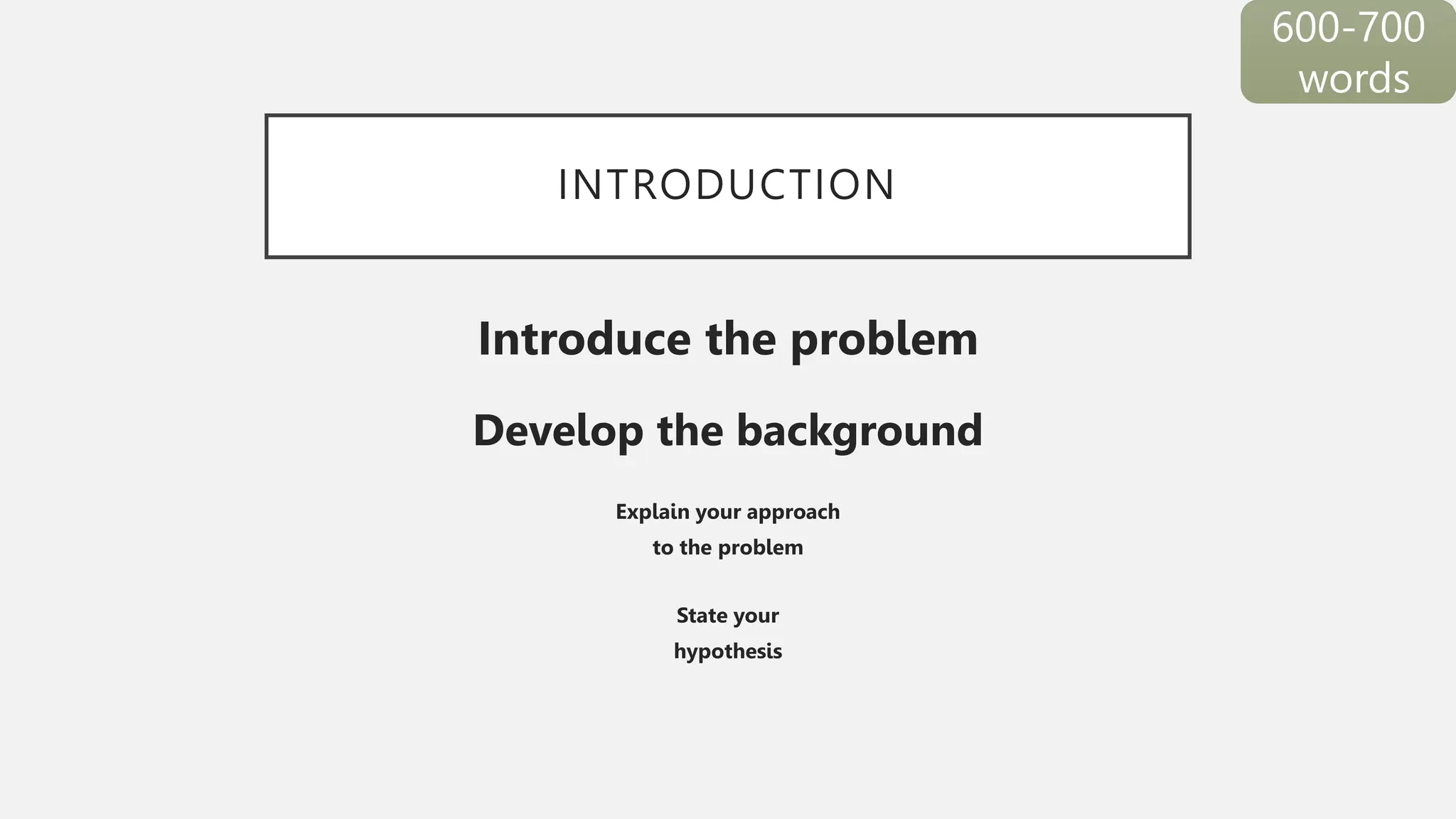 INTRODUCTION
Introduce the problem
Develop the background
Explain your approach
to the problem
State your
hypothesis
600-700
words
 