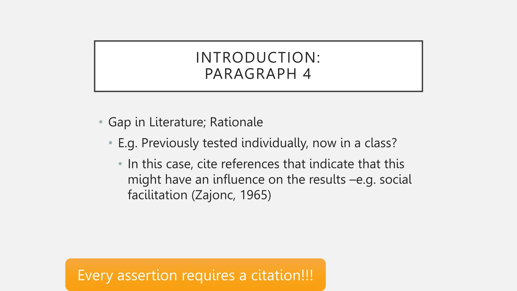 INTRODUCTION:
PARAGRAPH 4
• Gap in Literature; Rationale
• E.g. Previously tested individually, now in a class?
• In this case, cite references that indicate that this
might have an influence on the results –e.g. social
facilitation (Zajonc, 1965)
Every assertion requires a citation!!!
 