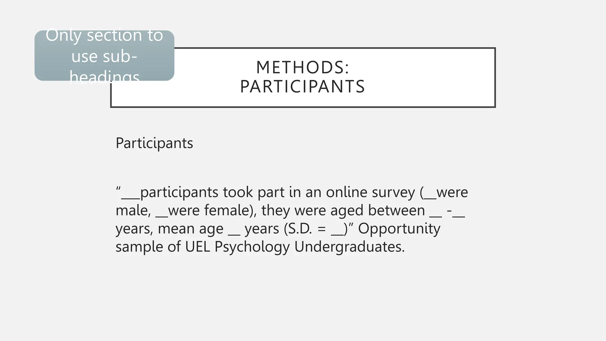 METHODS:
PARTICIPANTS
Participants
“___participants took part in an online survey (__were
male, __were female), they were aged between __ -__
years, mean age __ years (S.D. = __)” Opportunity
sample of UEL Psychology Undergraduates.
Only section to
use sub-
headings
 