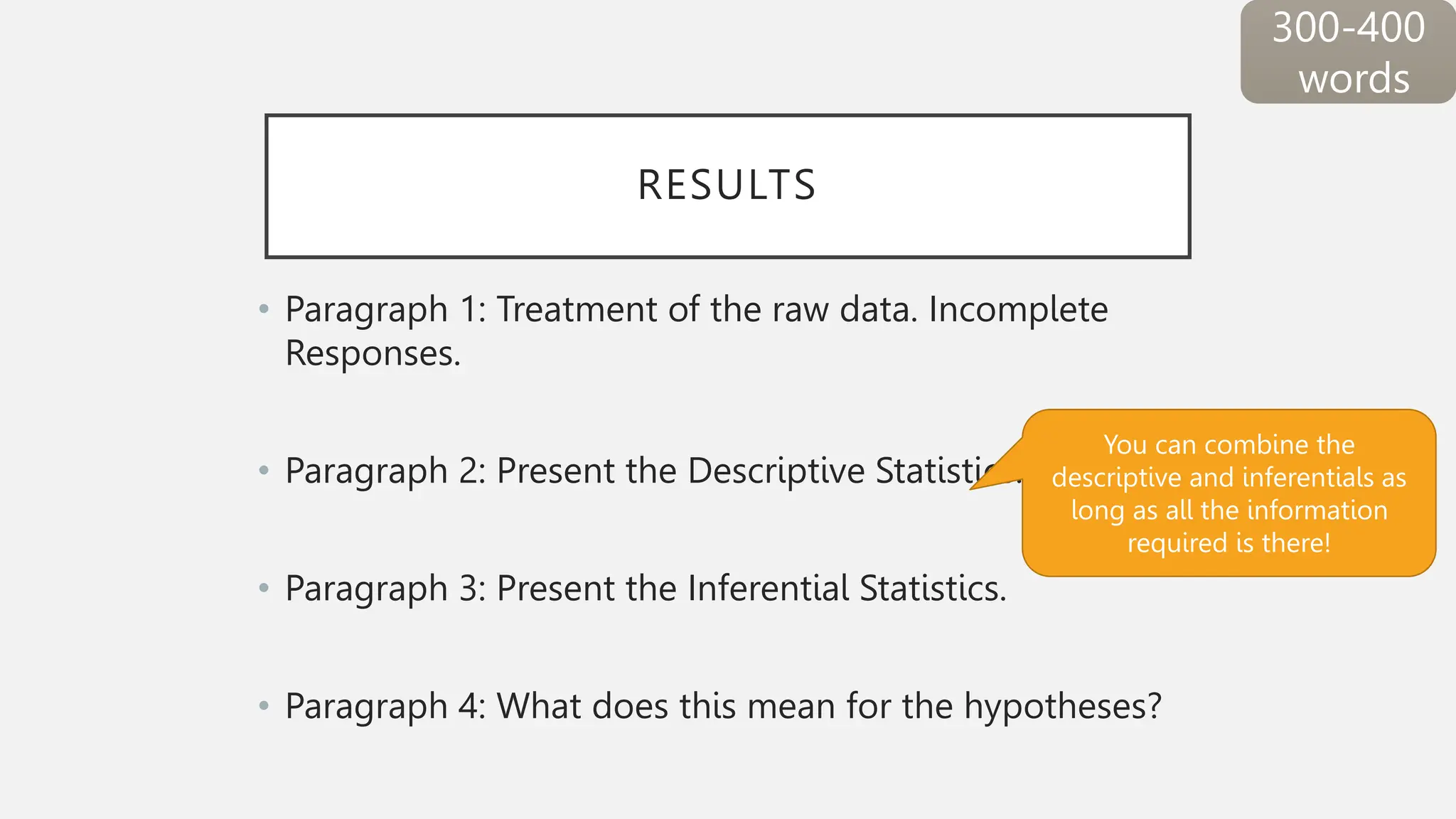 RESULTS
• Paragraph 1: Treatment of the raw data. Incomplete
Responses.
• Paragraph 2: Present the Descriptive Statistics.
• Paragraph 3: Present the Inferential Statistics.
• Paragraph 4: What does this mean for the hypotheses?
300-400
words
You can combine the
descriptive and inferentials as
long as all the information
required is there!
 