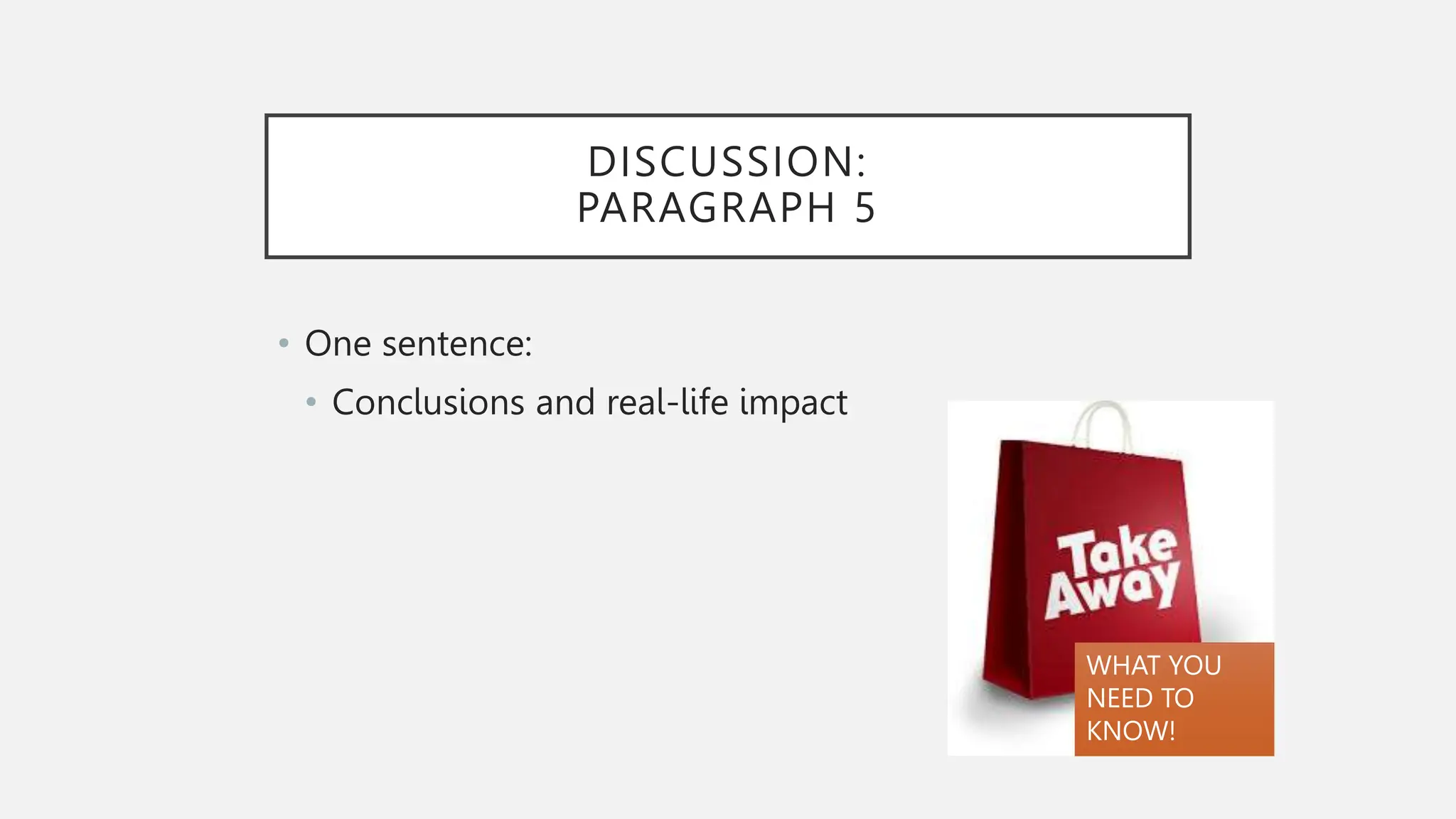 DISCUSSION:
PARAGRAPH 5
• One sentence:
• Conclusions and real-life impact
WHAT YOU
NEED TO
KNOW!
 