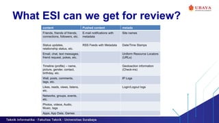 What ESI can we get for review?
content Pushed content metada
Friends, friends of friends,
connections, followers, etc.
E-mail notifications with
metadata
Site names
Status updates,
relationship status, etc.
RSS Feeds with Metadata Date/Time Stamps
Email, chat, text messages,
friend request, pokes, etc.
Uniform Resource Locators
(URLs)
Timeline (profile) – name,
picture, gender, contact,
birthday, etc.
Geoloaction information
(Check-ins)
Wall, posts, comments,
tags, etc.
IP Logs
Likes, reads, views, listens,
etc.
Login/Logout logs
Networks, groups, events,
etc.
Photos, videos, Audio,
Music, tags
Apps, App Data, Games
 