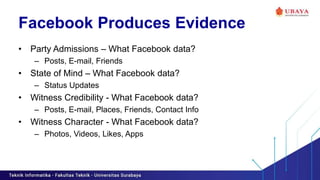 Facebook Produces Evidence
• Party Admissions – What Facebook data?
– Posts, E-mail, Friends
• State of Mind – What Facebook data?
– Status Updates
• Witness Credibility - What Facebook data?
– Posts, E-mail, Places, Friends, Contact Info
• Witness Character - What Facebook data?
– Photos, Videos, Likes, Apps
 
