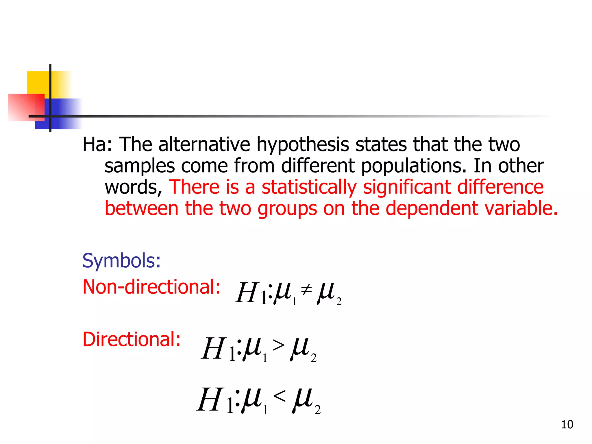 Ha: The alternative hypothesis states that the two
  samples come from different populations. In other
  words, There is a statistically significant difference
  between the two groups on the dependent variable.

Symbols:
Non-directional:   H 1:µ ≠ µ
                         1       2


Directional:
               H 1:µ > µ
                     1       2


               H 1:µ < µ
                     1       2
                                                           10
 