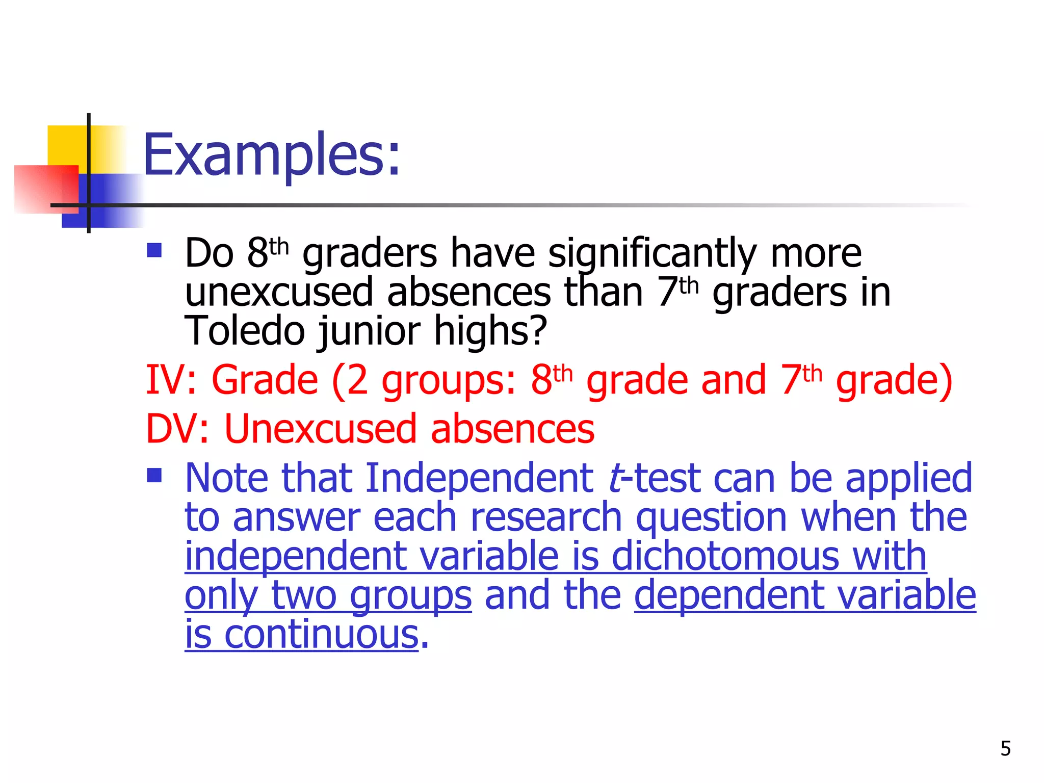 Examples:
 Do 8th graders have significantly more
  unexcused absences than 7th graders in
  Toledo junior highs?
IV: Grade (2 groups: 8th grade and 7th grade)
DV: Unexcused absences
 Note that Independent t-test can be applied
  to answer each research question when the
  independent variable is dichotomous with
  only two groups and the dependent variable
  is continuous.

                                                5
 